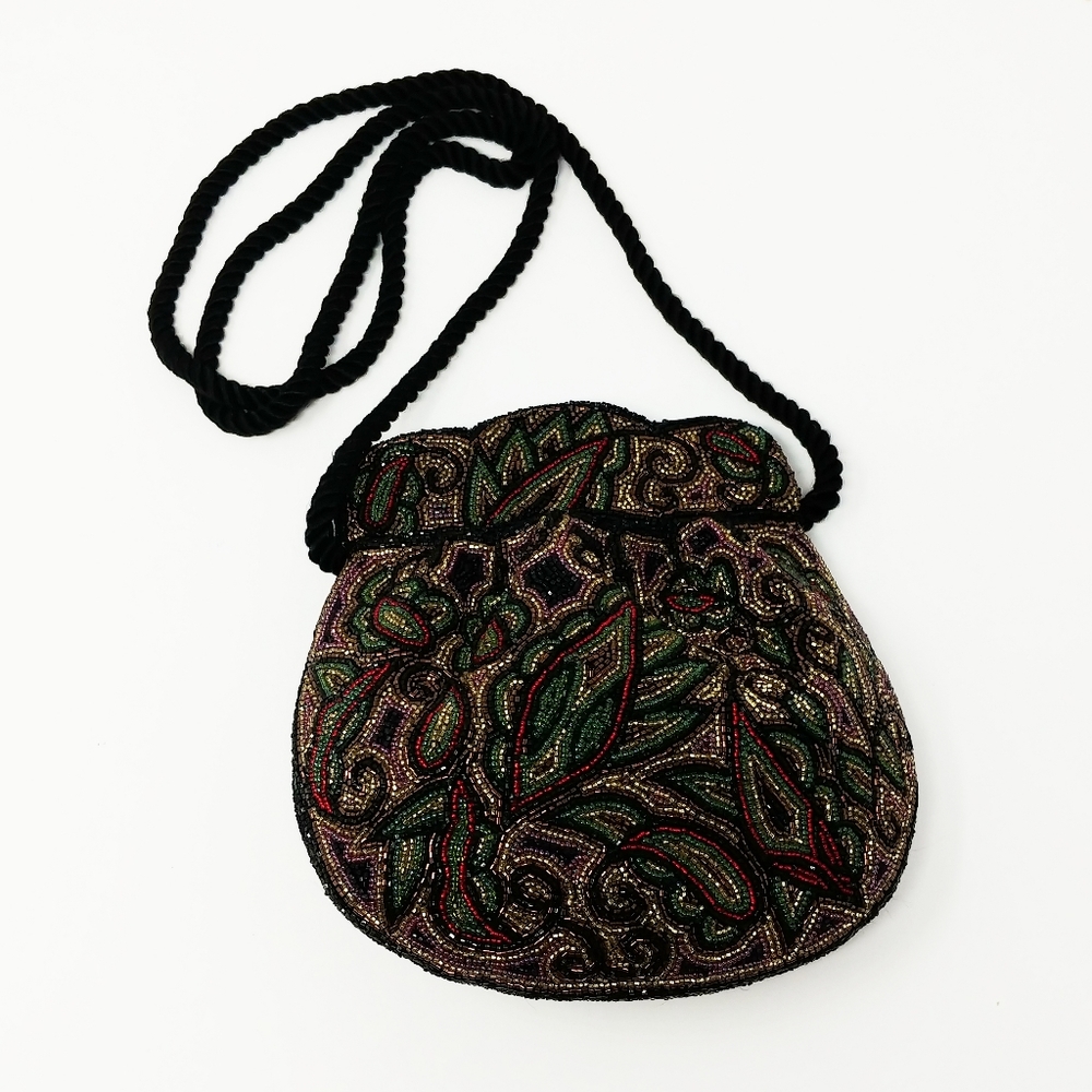 Vintage Small Delicate Beaded Black Red Snap Closure Crossbody